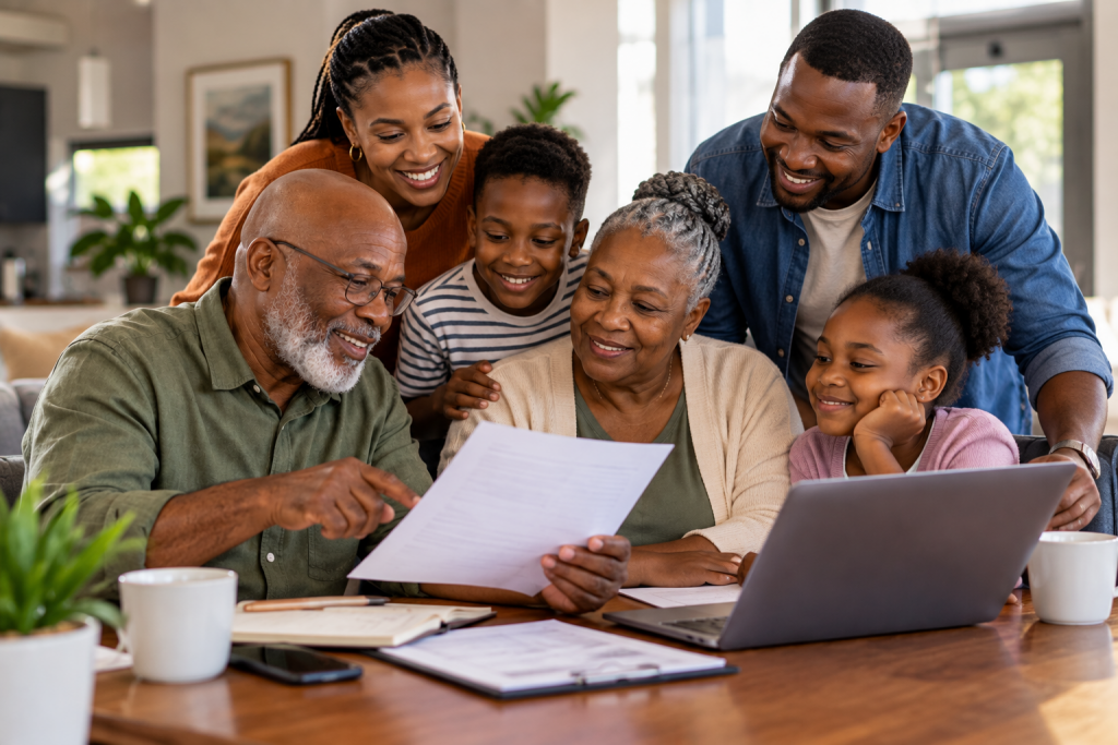 Multigenerational South African family discussing financial planning together