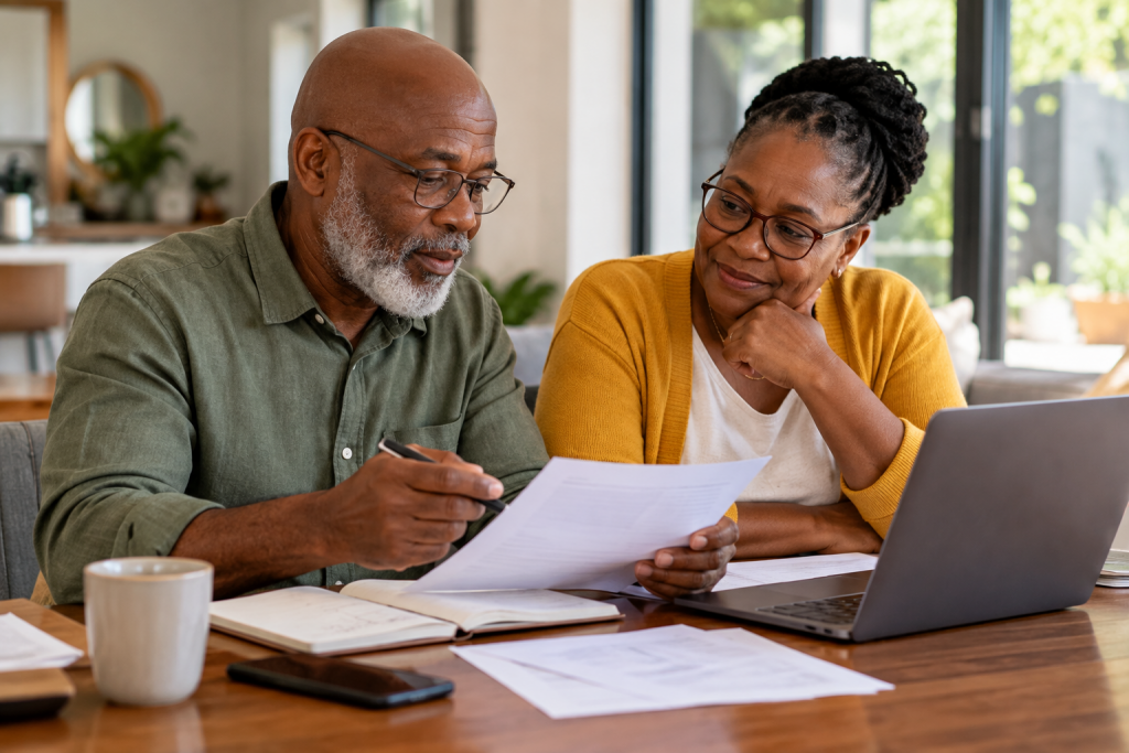 Mature South African couple discussing their finances and retirement planning
