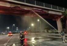 N1 pedestrian bridge damaged by a truck on FW de Klerk Boulevard in Cape Town.