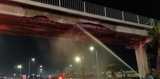 N1 pedestrian bridge damaged by a truck on FW de Klerk Boulevard in Cape Town.