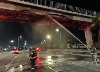 N1 pedestrian bridge damaged by a truck on FW de Klerk Boulevard in Cape Town.