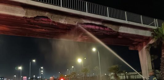N1 pedestrian bridge damaged by a truck on FW de Klerk Boulevard in Cape Town.