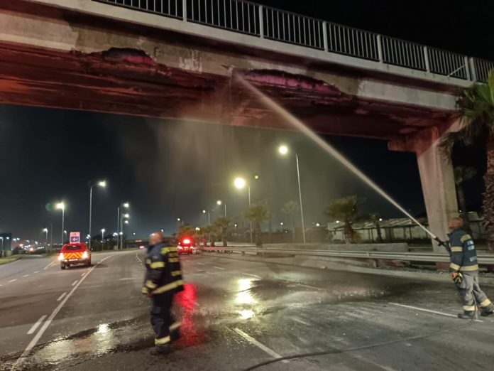 N1 pedestrian bridge damaged by a truck on FW de Klerk Boulevard in Cape Town.