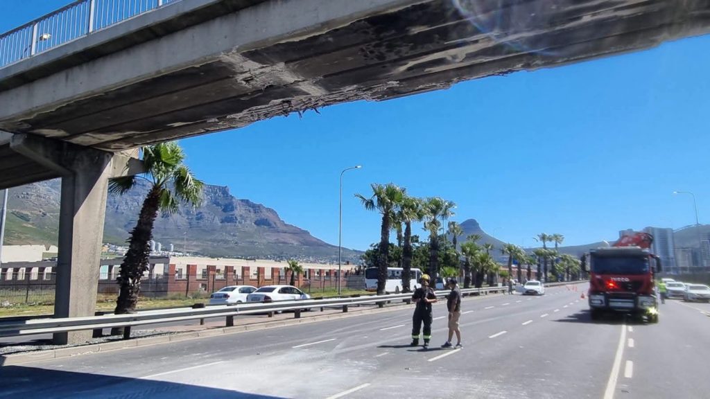 N1 pedestrian bridge damaged by a truck on FW de Klerk Boulevard in Cape Town, repairs underway,